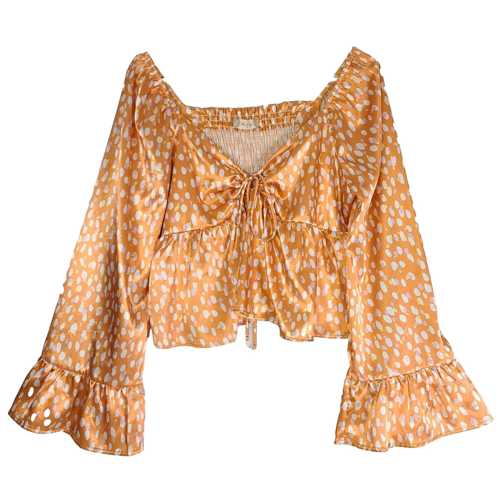 Altard State Baby Doll Top MED Crop Satin Orange Dot V Neck Ruffle Long Sleeve